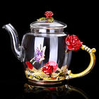380ml Çiçekli Cam Çaydanlık Altın Yapraklı Kenar Çiçekli Vintage Çaydanlık Seti