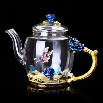 380ml Çiçekli Cam Çaydanlık Altın Yapraklı Kenar Çiçekli Vintage Çaydanlık Seti